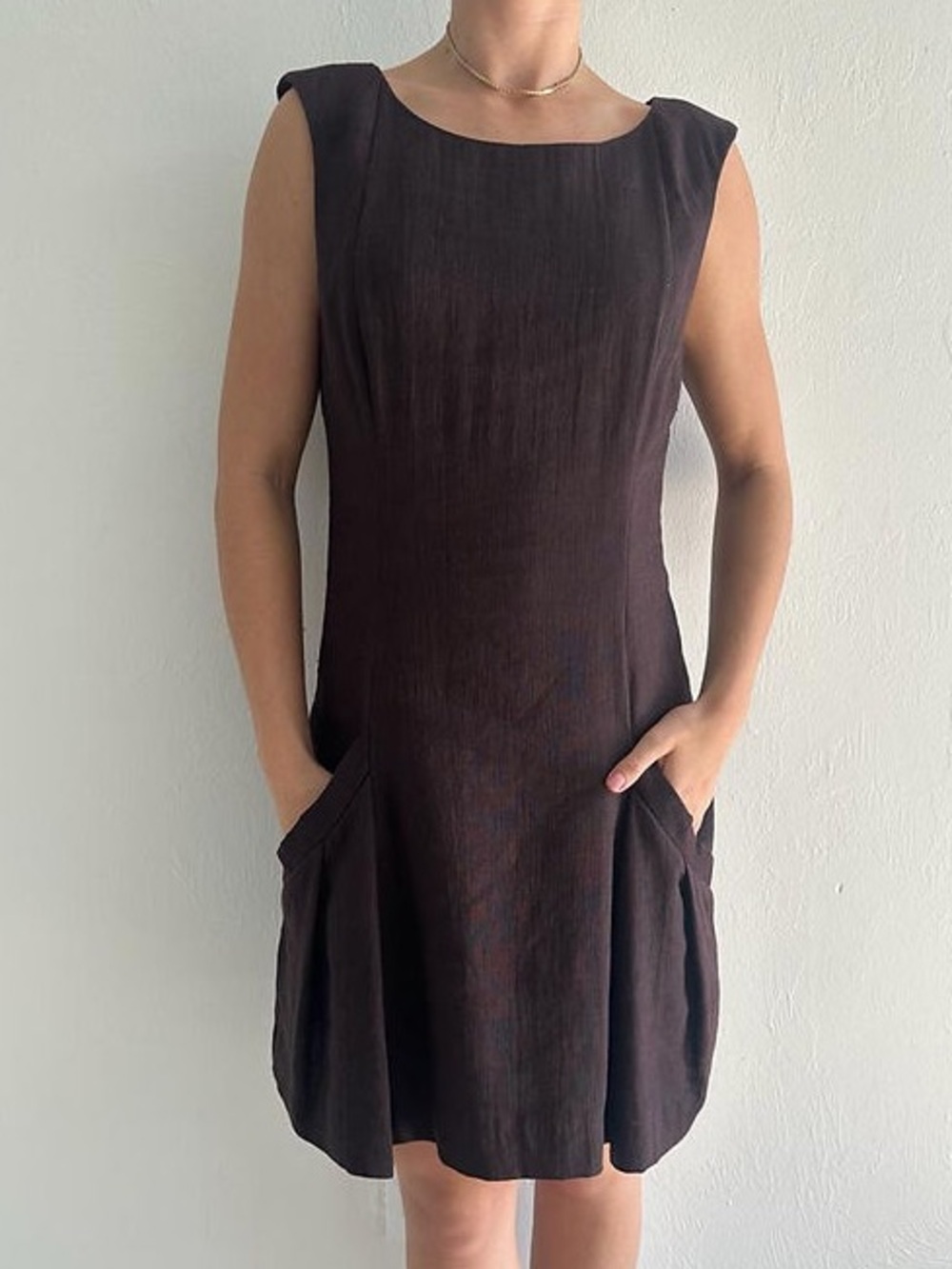 Sleeveless Brown Pocket A-Line Dress theysken’s theory wool silk dress Sz 0/34